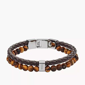 Fossil Men's Tiger's Eye and Brown Leather Link Bracelet